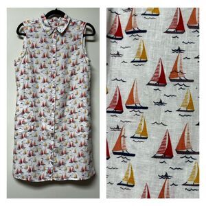 CYNTHIA ROWLEY 100% Linen Sailboat Sleeveless Shirtdress Pockets, Sz S